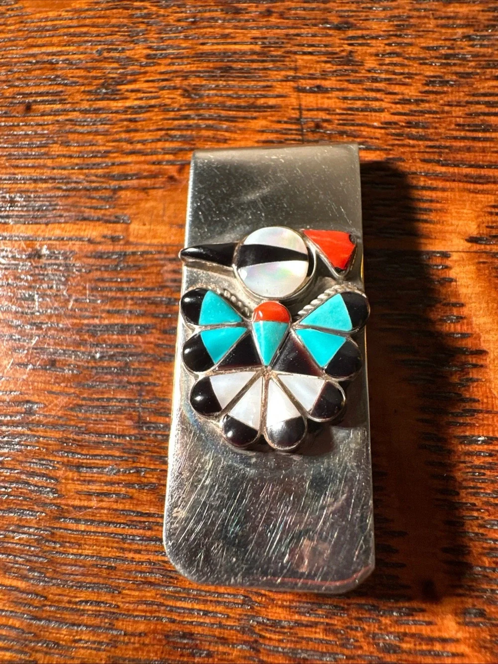VTG Native American Sterling Silver MOP Turquoise Peyote Water Bird Money Clip